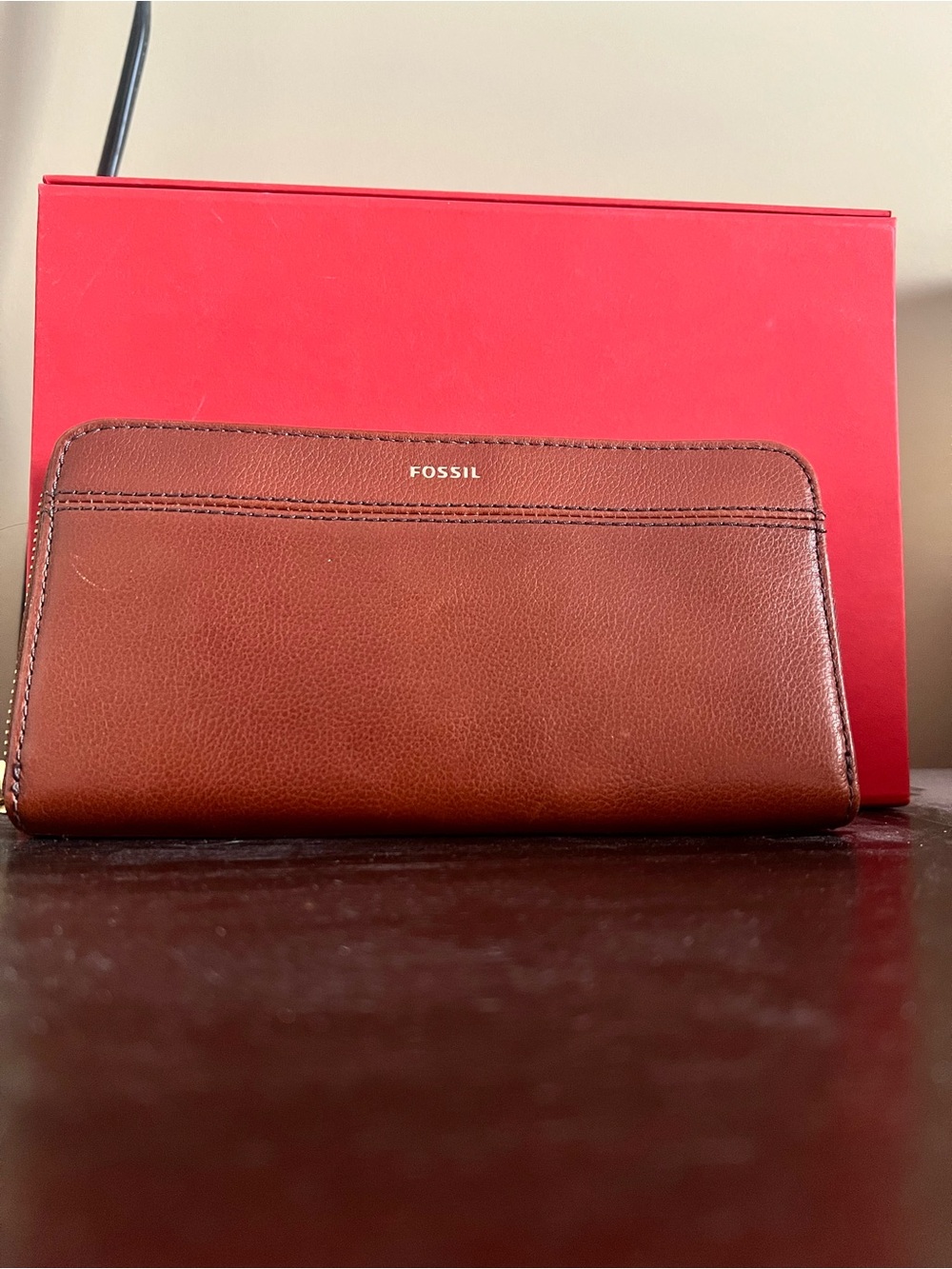 Fossil Cognac Brown Leather Zip-Around Wallet